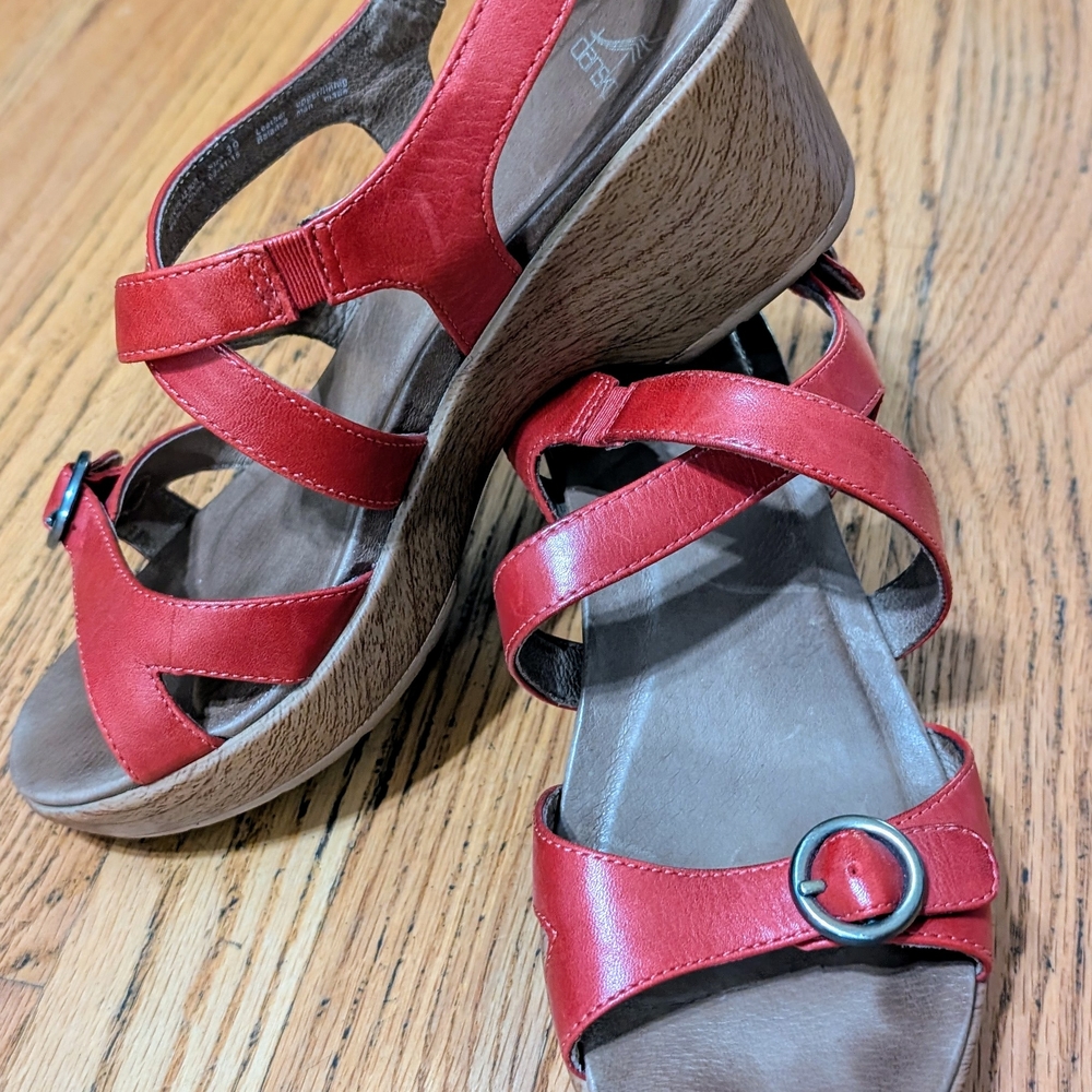 Red Strappy Wedge Sandals